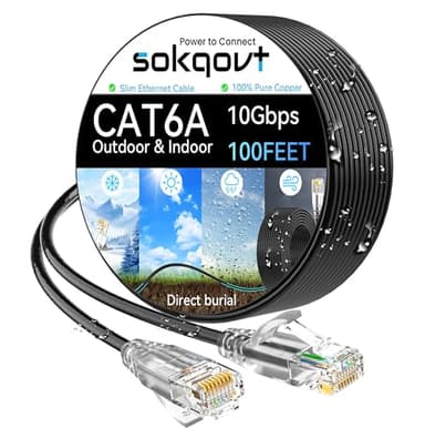 Cat6a Ethernet Cable Slim 100ft Outdoor&Indoor, 28AWG Pure Copper Cat6 Internet Cable for Waterproof & Direct Burial, Flexible Cat6 Ethernet Cable 10G 550MHZ, Cat 6 Network cable for Indoor Black - Image 1
