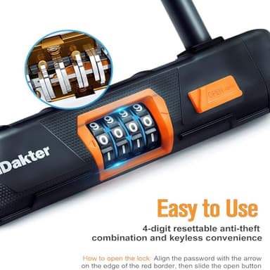 NDakter Bike Locks Heavy Duty Anti Theft, Combo Bike U Lock, 4-Digit Resettable Combination Bicycle Lock, Large U Shaped Ebike Lock with 5Ft Steel Cable for Electric Bike, Escooter, Motorcycle,Door - Image 2