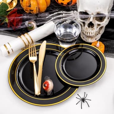 GATHER 350PCS Black Plastic Plates-Disposable Dinnerware Set Include 100PCS Black and Gold Plastic Plates, 150 Silverware, 50 Napkins, 50 Cups Perfect for Party & Wedding & Halloween - Image 6