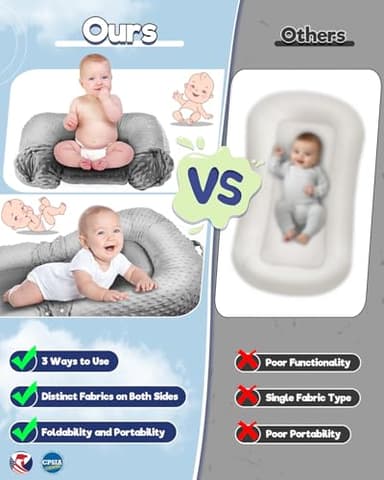 Baby Lounger Pillow : 3-in-1 Infant Lounger Pillow for Newborn 0-24 Months, Portable Tummy Time Mat for Home and Travel, Breathable & Soft Baby Seat for Baby, Babies Essentials Gifts, Grey - Image 2