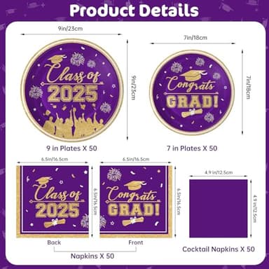 Graduation Plates and Napkins 2025 Graduation Party Supplies, Class of 2025 Congrats Grad Disposable Paper Plates Cocktail Napkins Set for Purple Gold 2025 Graduations Party Decorations Sets, Serve 50 - Image 3