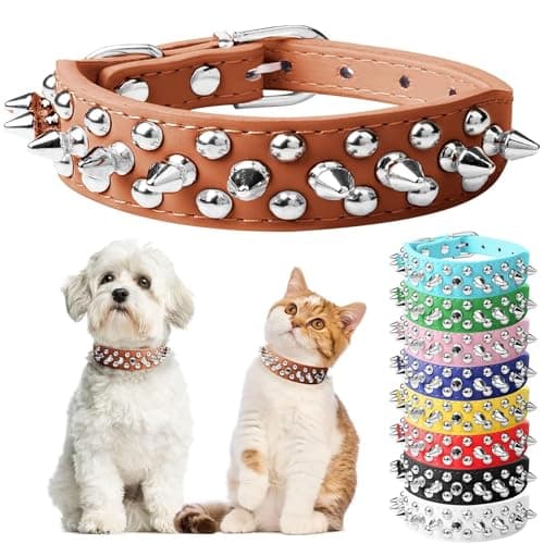 DOGGYZSTYLE Small Spiked Dog Cat Collar for Small Medium Dogs Boy Male - Adjustable Studded Puppy Collars - Soft Padded Punk Leather Dog Collar for Chihuahua Yorkshire French Bulldog Pug (Brown,XXS) - Image 1