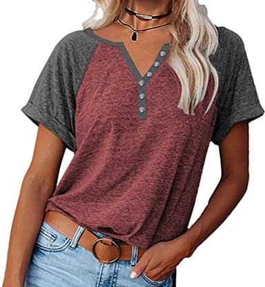 MaQiYa Womens Henley V Neck Raglan Short Sleeve T Shirts Color Block Casual Cotton Tees Shirts Tops (Z-Wine Red,2X-Large) - Image 1