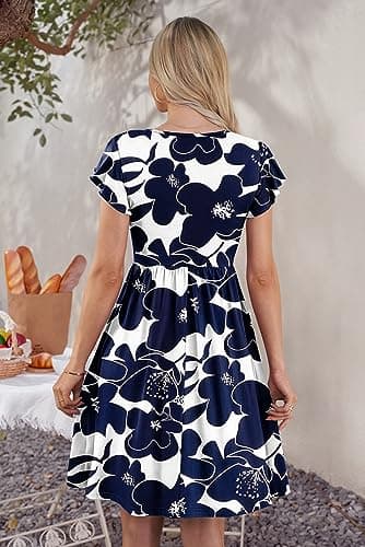WNEEDU Women Summer Dresses Sleeveless Casual Loose Swing Button Down Midi Dress with Pockets(White Navy Flower,XL) - Image 3