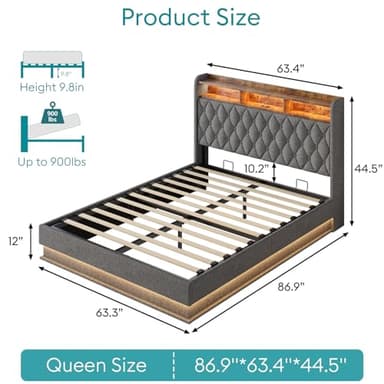 Queen Bed Frame with Storage - Lift Up Queen Size Bed Frame with Headboard, Upholstered Platform Bed with LED Lights & Charging Station, Hydraulic No Box Spring Needed Wood Slats Support, Grey - Image 2