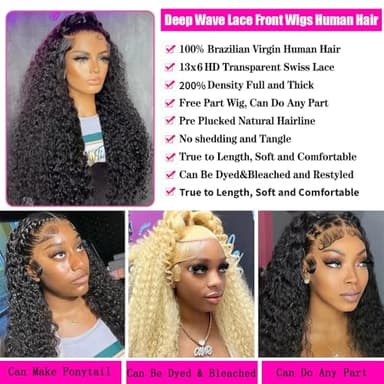 JTMMP 13x6 Deep Wave Lace Front Wigs Human Hair 200% Density 26 Inch Curly Human Hair Wig for Women Natural Black HD Transparent Lace Glueless Frontal Wigs Human Hair Pre Plucked - Image 3