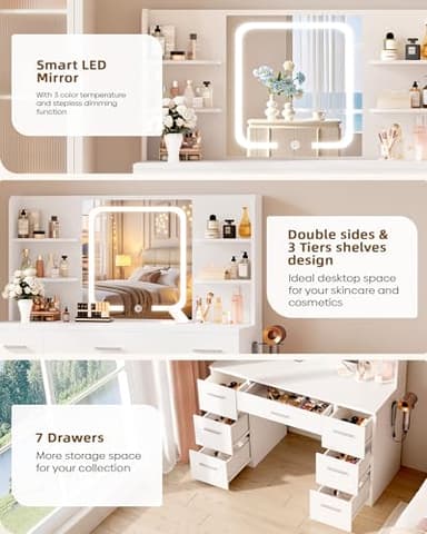 LIVELYGLOW Large Makeup Vanity Desk, 43.3”W x 15.7“D x 53.2”H, White (Large Desktop, Samrt LED Mirror, 4 Open Shelves, 7 Drawers, Hairdryer Rack, Power-Outlet, No Cushion Stool Included) - Image 5