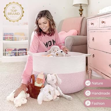 INDRESSME XXXLarge Storage Basket with Handle, Pink Laundry Basket for Nursery Stuffed Animal Storage, Baby Baskets Kids Toy Organizer, 21.7" x 21.7" x 13.8", Pink - Image 6