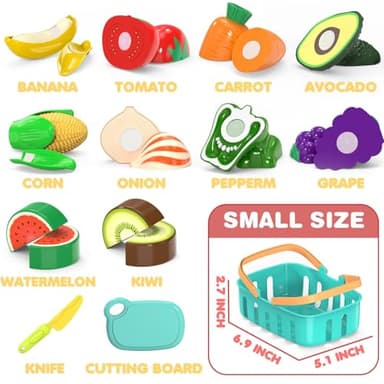 Cutting Play Food Toys For Kids, Pretend Play Kitchen Accessories, Fake Fruits/Vegetables Set With Shopping Storage Basket, Plastic Board And Knife, Birthday Gifts/Educational Toy For Toddler Children - Image 3