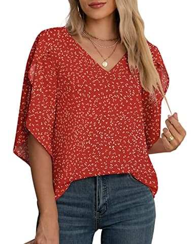 Jouica Blouse for Women Elegant Casual Chiffon Blouses Tops Dressy Casual 3/4 Sleeve Blouses for Work,Flower Wine Red,Large - Image 3