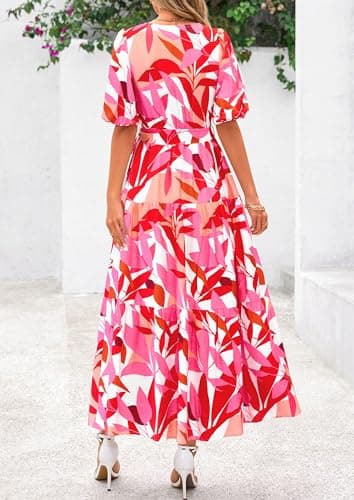 PRETTYGARDEN Women's Summer Maxi Dress 2025 Resort Wear Boho Floral V Neck Puff Short Sleeve Ruffle Flowy Beach Long Dresses(Floral White Rose Red,X-Large) - Image 2