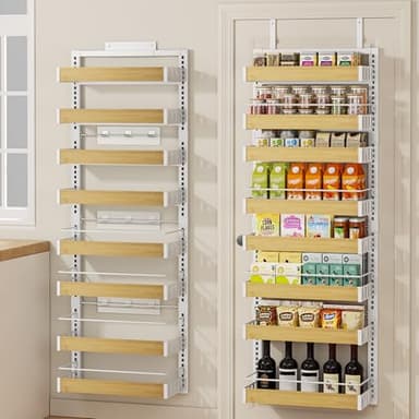 POKIPO 8 Tier Over The Door Pantry Organizer, 2 IN 1 Wall Mount or Hanging Spice Rack Seasoning Shelves with Adjustable Basket, Back of Door Organizer and Storage for Kitchen Cabinet and Room Closet - Image 1