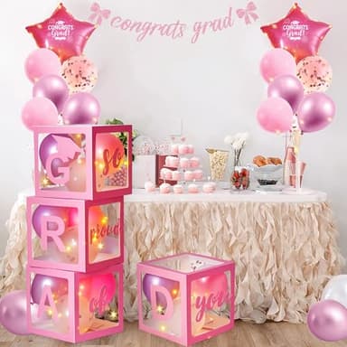 AYGXU Graduation decorations class of 2025 pink- Graduation Decorations, Balloons Box (4PCS) with letters&balloons,balloon stand set for table,LED String Light,graduation party decorations - Image 7