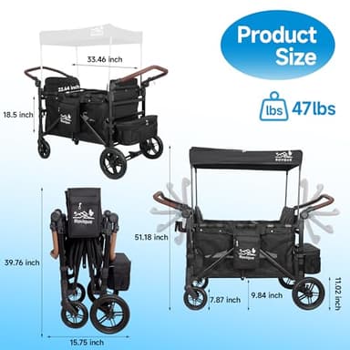 Rovique 4 Seater Wagon Stroller – Deluxe Quad Wagon for 4 Kids with Snack Trays,All-Terrain Wheels,Push Handle, Canopy,Aluminum Frame – Gift for Baby Showers,New Parents,Birthdays - Image 7