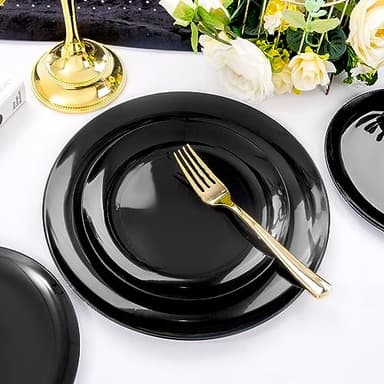 PULOTE 100PCS Black Plastic Plates Disposable - Premium Heavy Duty 50 Black Dinner, 50 Dessert/Salad Plates - Ideal for Party, Halloween - Image 5