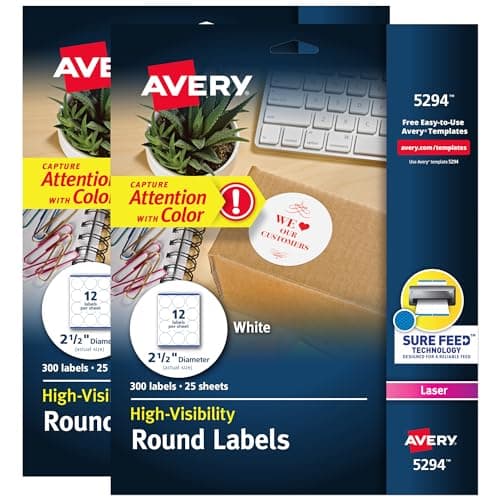 Avery High Visibility Printable Round Labels with Sure Feed, 2.5" Diameter, White, Laser Printer, 300 per Pack, 2 Packs, 600 Customizable Blank Labels Total (45294) - Image 1