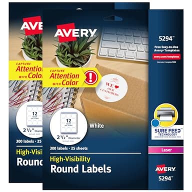 Avery High Visibility Printable Round Labels with Sure Feed, 2.5" Diameter, White, Laser Printer, 300 per Pack, 2 Packs, 600 Customizable Blank Labels Total (45294) - Image 1