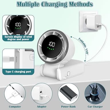 GQIRIL Mini Handheld Portable Fan - Small Foldable Personal Hand Desk Neck Fan with LED Display, 3600mAh Adjustable Speed (1-100) Rechargeable USB Hand Geld Fan Gifts for Home Travel Outdoor (White) - Image 4