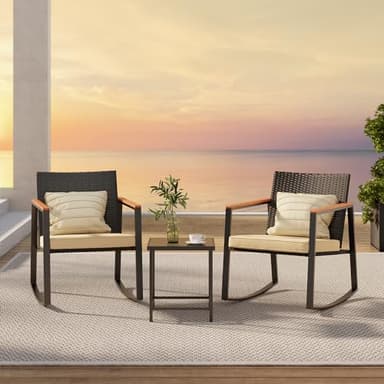 Gizoon 3 Pieces Rocking Patio Bistro Set with Anti-Scald Armrest, Outdoor Patio Wicker Furniture Set with Glass Table and Cushion for Garden, Yard, Porch - Image 3