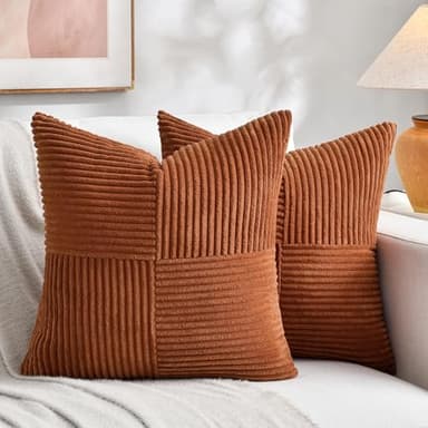 Fancy Homi 2 Packs Rust Boho Decorative Throw Pillow Covers 18x18 Inch for Couch Bed Sofa, Farmhouse Fall Home Decor, Soft Corss Corduroy Patchwork Textured Terracotta Accent Cushion Case 45x45 cm - Image 1