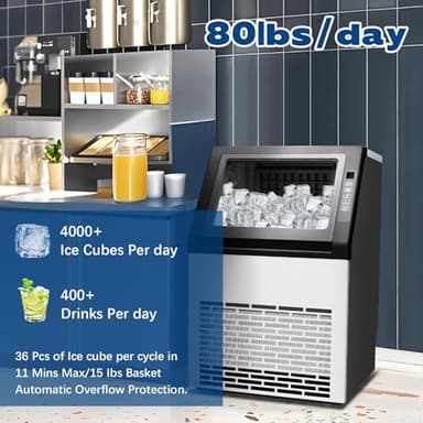 DOGHLY Commercial Ice Maker 80lbs/24H, 36 Cubes Ready in 11 Mins, Self-Cleaning, 24H Timer, Stainless Steel Freestanding Ice Machine for Home, Office, Bar, Restaurant - Image 2
