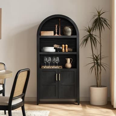 mopio Lauren 65.4" Short Arched Cabinet, 5-Tier Arched Bookcase with Doors and Shelves, Mini Arch Bookshelf with Storage, Wooden Storage Cabinet for Living Room and Kitchen Pantry (Black Accent) - Image 6