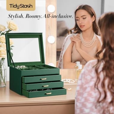 TidyStash 4 Layer Jewelry Box with Lid, Classic Jewelry Organizer with 3 Drawers for Women Girls, Adjustable Compartments, Modern Style, Green - Image 2