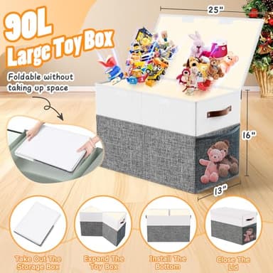 Large Toy Storage Box with Lid Divider, Sturdy Collapsible Toys Organizer Chest Kids Storage Bins Boxes Baskets for Boys, Girls, Nursery, Bedroom, Living Room, Playroom, 25"x13"x16", Gray and White - Image 2
