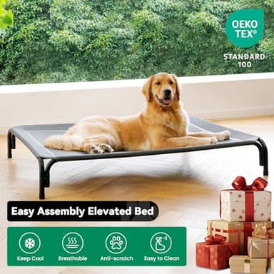 Elevated Dog Bed Raised Outdoor Dog Cot for Extra Large Dogs, Installation Requires No Tools, Frame with Washable Cooling Breathable Mesh Anti-Slip Feet, Indoor Pet Bed, Grey, 48.8 Inches - Image 2