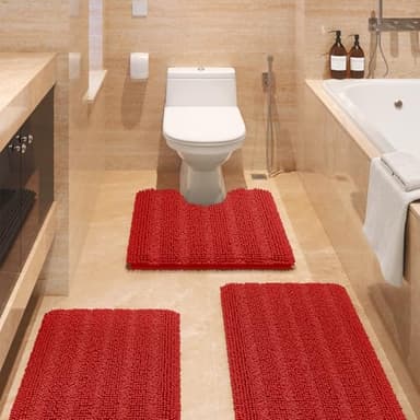 ACCUMTEK Striped Red Ultra Soft Bathroom Rugs and Mats Set 3 Pieces Rug Set, Thick Chenille Bath Rugs Non Slip Bath Mats for Bathroom, Toilet, Bedroom, Kitchen, Burgundy - Image 1