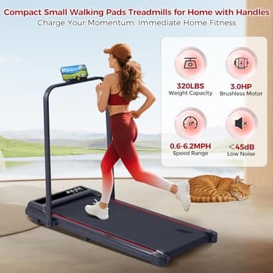 Treadmill with Handles for Home Small, 3.0HP Electric Compact Walking Pad Treadmills with Handle Bar, 0.6-6.2MPH Portable Under Desk Treadmill Home for Small Space, 320LBS - Image 4