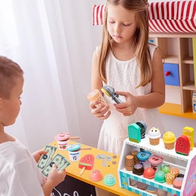 Meland Ice Cream Toy - Wooden Ice Cream Play Set with Aprons, Pretend Play Toys with Play Food, Wooden Play Store Toys for Toddlers, Kids Toys & Gift for Girls Boys Age 3 4 5 6 7 Years Old - Image 2