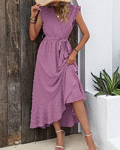 BTFBM Women V Neck Summer Dress 2025 Cap Sleeve Swiss Dot Boho Flowy Ruffle Slit Beach Party Long Maxi Cocktail Dresses(Purple, Small) - Image 2