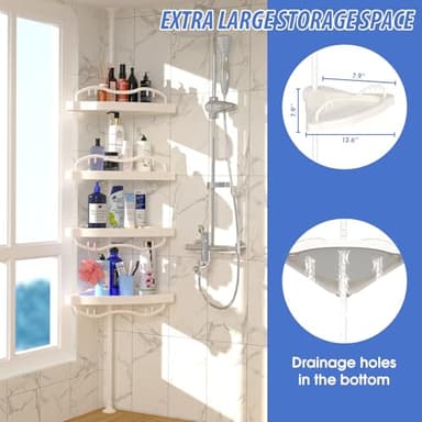 CALCHELE Shower Caddy Corner for Bathroom, Rustproof Bathtub Shower Storage Organizer for Shampoo Accessories, 4-Tier Adjustable Shelves with Tension Pole, 54 to 114 Inch White - Image 3