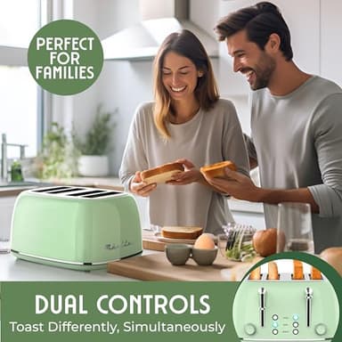 Mueller Retro Toaster 4 Slice with Extra Wide Slots Bagel, Defrost, and Cancel Function, 6 Browning Levels, Dual Independent Controls, Removable Crumb Tray and High Lift Levers, Sage Green - Image 4