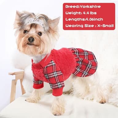Dog Sweater Dresses for Small Dogs Girl Boy, Plaid Dog Clothes Outfit, Winter Warm Fleece Princess Plaid Dresses, Pet Festival Outfits Apparel Clothing, Small, Red, S - Image 3