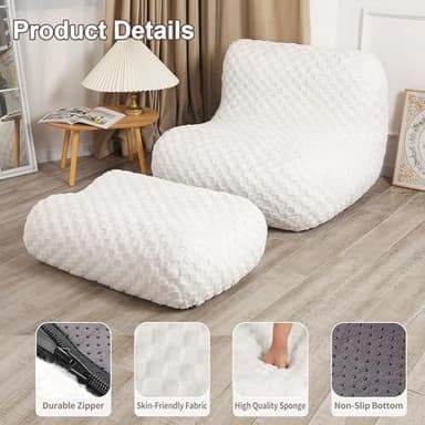 LOVMOC Bean Bag Chair with Footstool, Comfy Reading Sofa Chair for Adults, Modern Floor Sofa for Livingroom, Bedroom, Cream - Image 5