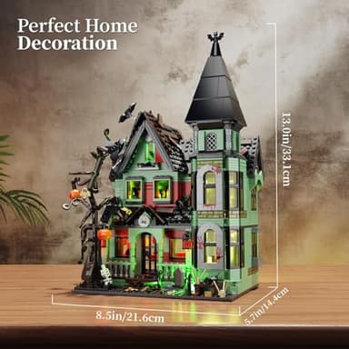 iATOM Haunted House Building Set with Lights, Halloween Mansion Building Toy Compatible with Lego for Adults, Horror Village Town Architecture Include Pumpkin Skeleton Spooky Bat Cat, F-C9987 - Image 5