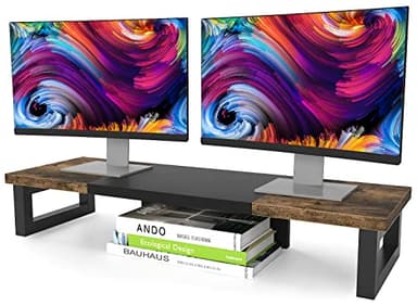 WESTREE Dual Monitor Stand Riser, Wood and Steel Multi-Purpose Desktop Storage Stand for 2 Monitors for Computer, Laptop, Printer, TV, Rustic Brown - Image 1