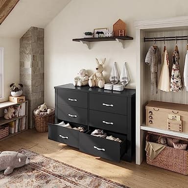 LINSY HOME 6 Drawer Dresser, Black Dresser for Bedroom, Modern Double Dresser Organizer, Black Wood Dresser Chest of Drawers for Living Room,Entryway and Hallway - Image 6