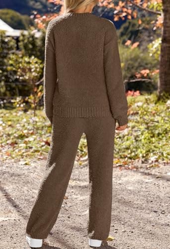 MEROKEETY Womens Pajama Sets 2025 Fall Lounge Sweater Set Cute Fuzzy Fleece 2 Piece Long Sleeve Cozy Winter Pj Outfits, Coffee, Medium - Image 5