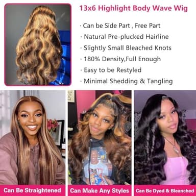 QUANDIAN 30 Inch 13x6 Body Wave Highlight Ombre Lace Front Wig Human Hair 13x6 HD Lace Front Wigs Human Hair 180% Density P4/27 Colored Wigs Honey Blonde Glueless Wigs Human Hair Pre Plucked Pre Cut - Image 4