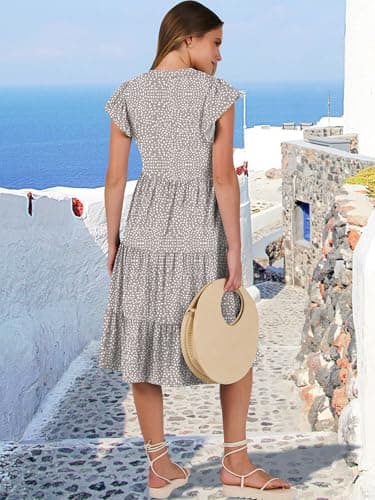 ANRABESS Womens Summer Ruffle Sleeve V Neck Floral Print Midi Dress 2025 Fashion Casual Fit Flowy Tiered Boho Beach Vacation Sundress Khaki Polka Dot-M - Image 6