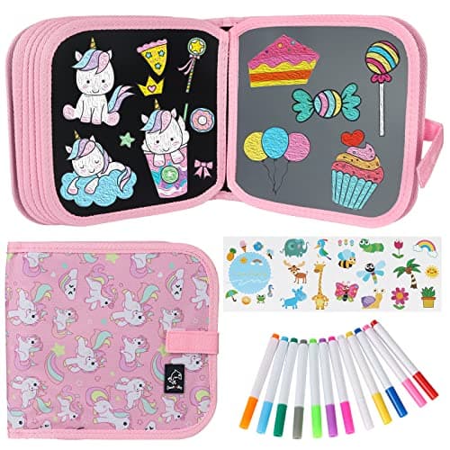 Qrytoi Erasable Book Doodle Set for Kids,Reusable Magic Drawing Book for Kids with 12 Watercolor Pens 14 Page Drawing,Road Trip Car Game Writing Painting Set for Boys and Girls (Pink Unicorn) - Image 1