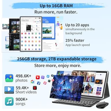 Android 15 Tablet with Keyboard, 16GB（8+8）RAM+256 Storage(Expand to 2TB), 8000mAh Battery, Widevine L1,10 Inch Tablets with 5G/2.4G WiFi, BT5.0, GMS Certified, with Mouse, Case, Stylus（Black Case） - Image 3