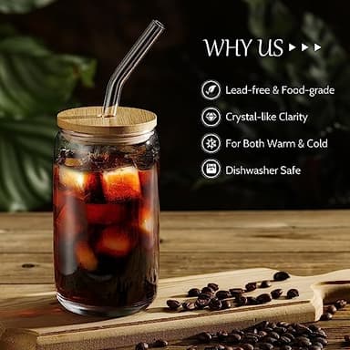 [ 12pcs Set ] Glass Cups with Bamboo Lids and Glass Straw - Beer Shaped Drinking Glasses, 16 oz Iced Coffee Glasses, Cute Tumbler Cup for Smoothie, Boba Tea, Whiskey, Water - 4 Cleaning Brushes - Image 3