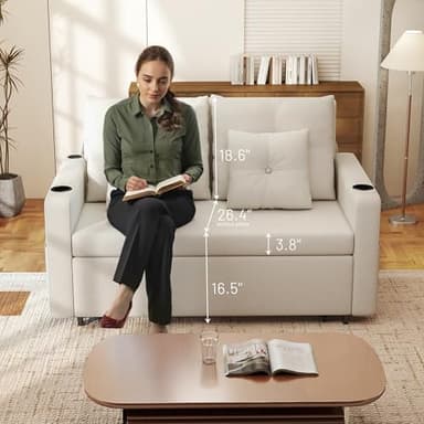 Krcix 3 in 1 Pull Out Couch, 56 Inch Convertible Sleeper Sofa Bed, Loveseat with Cup Holders, Storage Pockets, USB, Sofa Couches for Living Room, Bedroom, Apartment, Beige - Image 2