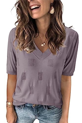 Arach&Cloz Women's Summer Fall Tops 2025 Short Sleeve Plus Size Sweaters V Neck Trendy Fashion Knit Clothes Dressy Cute Casual Outfits Business Work Blouse Grey Purple M - Image 1