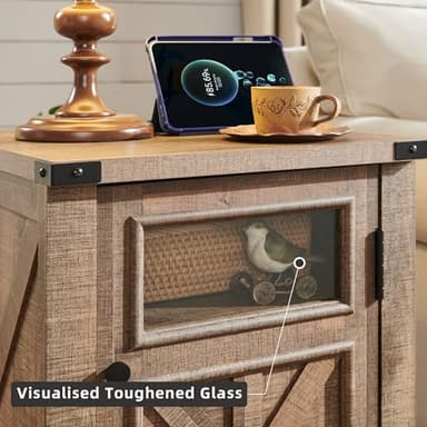 JXQTLINGMU Farmhouse End Table with Charging Station, 18'' Rustic Nightstand with Barn Door & Adjustable Shelf, Wooden Sofa Side Table with 3-Tier Storage for Living Room, Bedroom, Warm Brown - Image 5