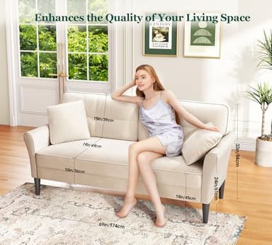 69" Small Sofa, Soft Small Couch with 2 Pillows, Comfy Love Seat Couches, Tool-Free Setup Loveseat Sofa, 700lb Load Sofas for Living Room, Cozy Couches for Living Room, Mini Couch for Bedroom, White - Image 4